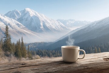 Coffee cup with mountain view on white background