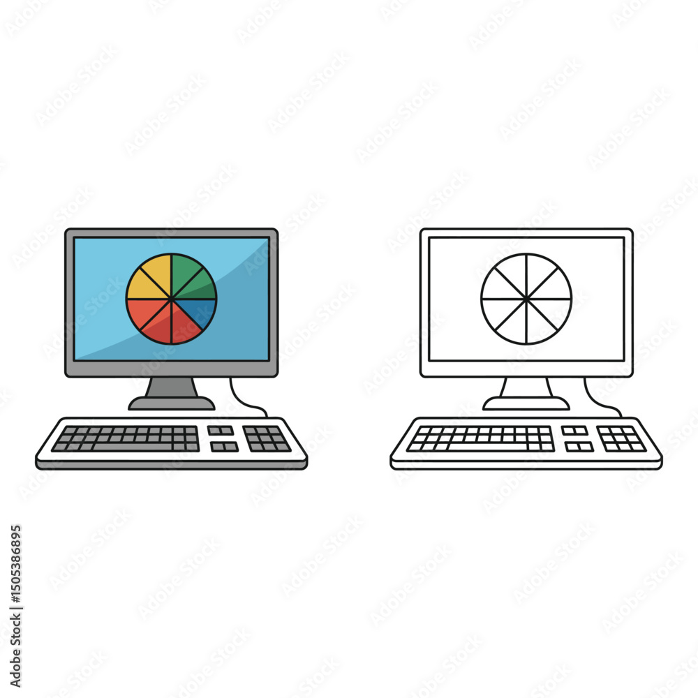 Aufkleber vector art of computer with pie chart on screen isolated on white background in color and black and 