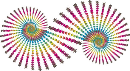 Two symmetrical spirals facing each other, each composed of eight-pointed star-shaped elements. The colors of the stars form a rainbow gradient