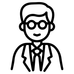 A male figure wearing glasses and professional attire (outline style), embodying intellectual rigor and expertise. Represents a male scientist, researcher, or academic, dedication to science