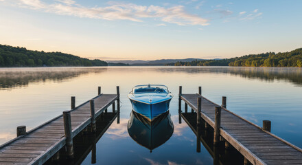 Naklejka premium Peaceful sunrise lake scenery with boat