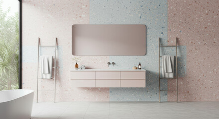 Pink and blue terrazzo bathroom interior