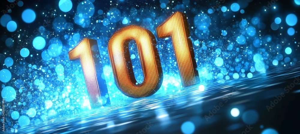 Poster glowing digital 3d number 101 on futuristic abstract blue background with bokeh effect