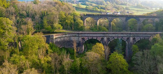 Aerial panorama of Marple Viaduct and Aqueduct in Greater Manchester UK 