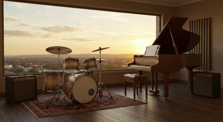 Sunset view music studio interior