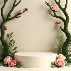 Enchanting Turquoise Flower Display: Neon-Lit Podium Spotlighting Perfume Bottle