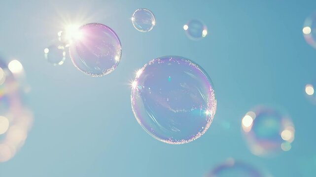 Floating soap bubbles glistening in soft sunlight