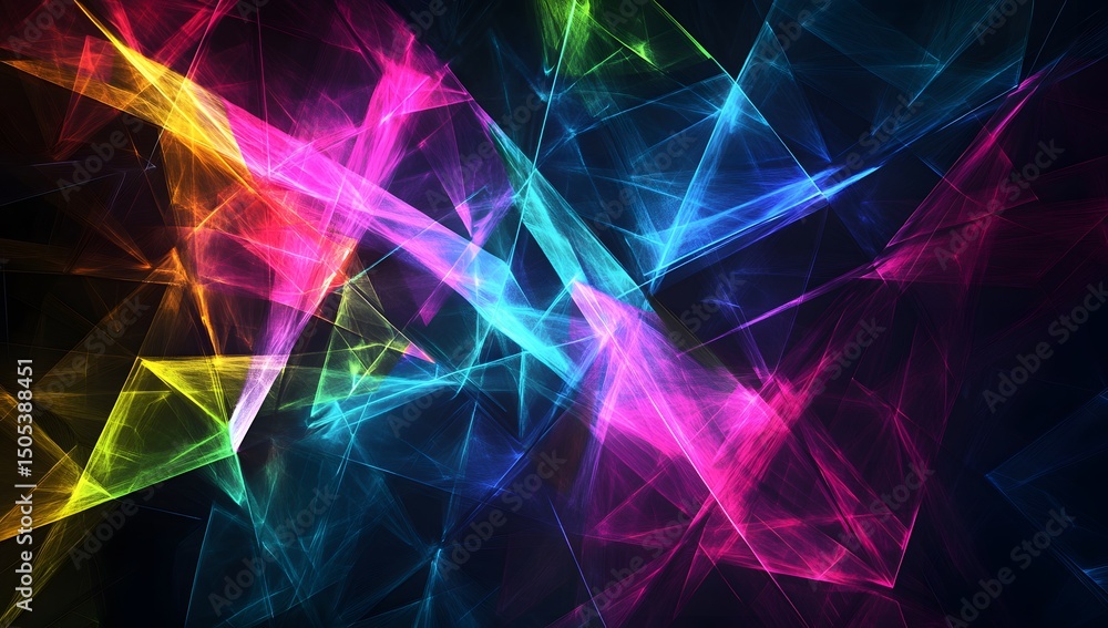 Aufkleber generate an image of neon light lines forming triangles on a dark background. the colors should be v