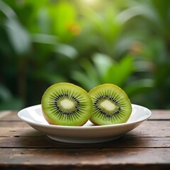 Serenity in Nature: A Fresh Apple in Stone Dish on Wood Table in Forest Clearing