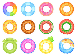 Cartoon swimming rings top view. Inflatable ring float in pool sea beach, rubber buoy rubber circle summer water lifesaver lifebelt tube fruit design set, neat vector illustration