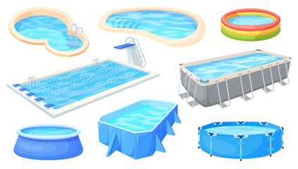Cartoon inflatable pools. Different swimming pool type for backyard sport olympic kid summer party fitness gum yard patio swim float outdoor beach vacation neat vector illustration