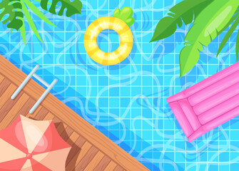 Swimming pool top view background. Cartoon poolside summer vacation sea beach party, inflatable swim ring raft above blue water hotel outdoor summertime neat vector illustration