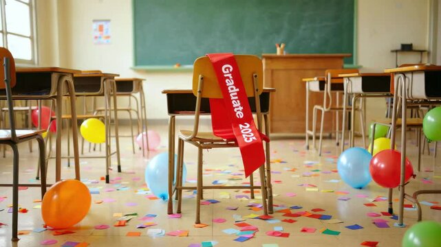 Decorated classroom with desks, balloons, confetti on the floor, and a red sash reading &ldquo;Graduate 2023&rdquo; draped over a chair for themes of end of school year, graduation, and student celebration