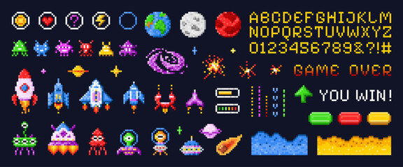 Space arcade interface. Pixel game spaceship invader battle, retro computer videogame ui elements 8 bit vintage gaming machine 80s 90s alien ship planet, swanky vector illustration
