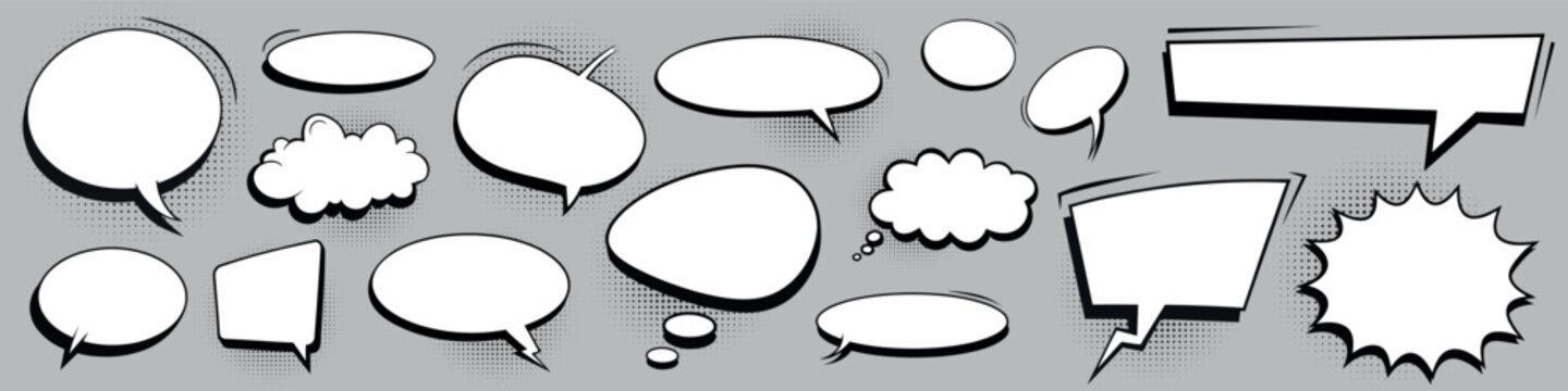 Set of retro empty comic bubbles and elements with black halftone shadows