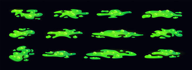 Poison puddle. Boiling potion, toxic green liquid with bubbles in witch magic cauldron, slime spill poisonous substance on floor game vfx effect, cartoon swanky vector illustration