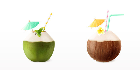 Realistic coconut water. 3d green coco tropical fruit cocktail with straw umbrella, summer fresh drink juice milk hawaii or thailand beach organic food, exact vector illustration