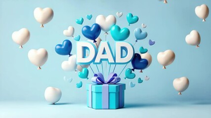 3D blue gift box with DAD letters and floating white and blue hearts on light blue background for Father’s Day, celebration, love, family, and gift themes