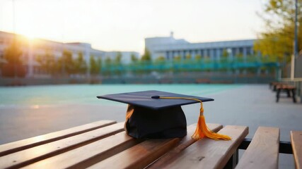 Graduation cap on wooden bench in university campus outdoors in morning light, academic achievement, education milestone, college celebration, back to school, student life - Powered by Adobe
