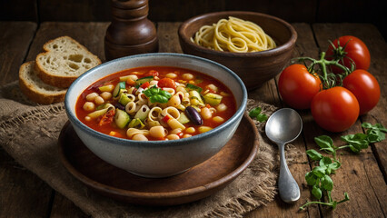 A traditional minestrone soup loaded with colorful beans zucchini tomatoes and pasta in a heavy ceramic bowl photographed overhead on a worn wooden table with natural light, the ingredients