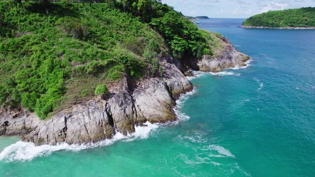 Top down aerial view from above of big waves crashing and foaming on rock stones,Amazing seashore nature background,Wide angle view ocean sea from drone camera 4k High quality footage ProRes 422