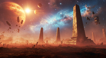 A breath-taking sci-fi landscape of a futuristic alien temple on an exotic planet, rendered in ultra-detailed cinematic style. 