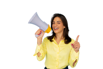 Female professional shouting through megaphone, gesturing upward with energetic smile against isolated white backdrop