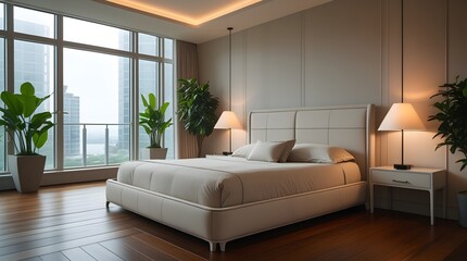 Grey Modern Bedroom Interior with Decorative Pillows, Padded Headboard, Bedside Lamps, and Elegant Wood Nightstands – Minimalist Cozy Home Decor