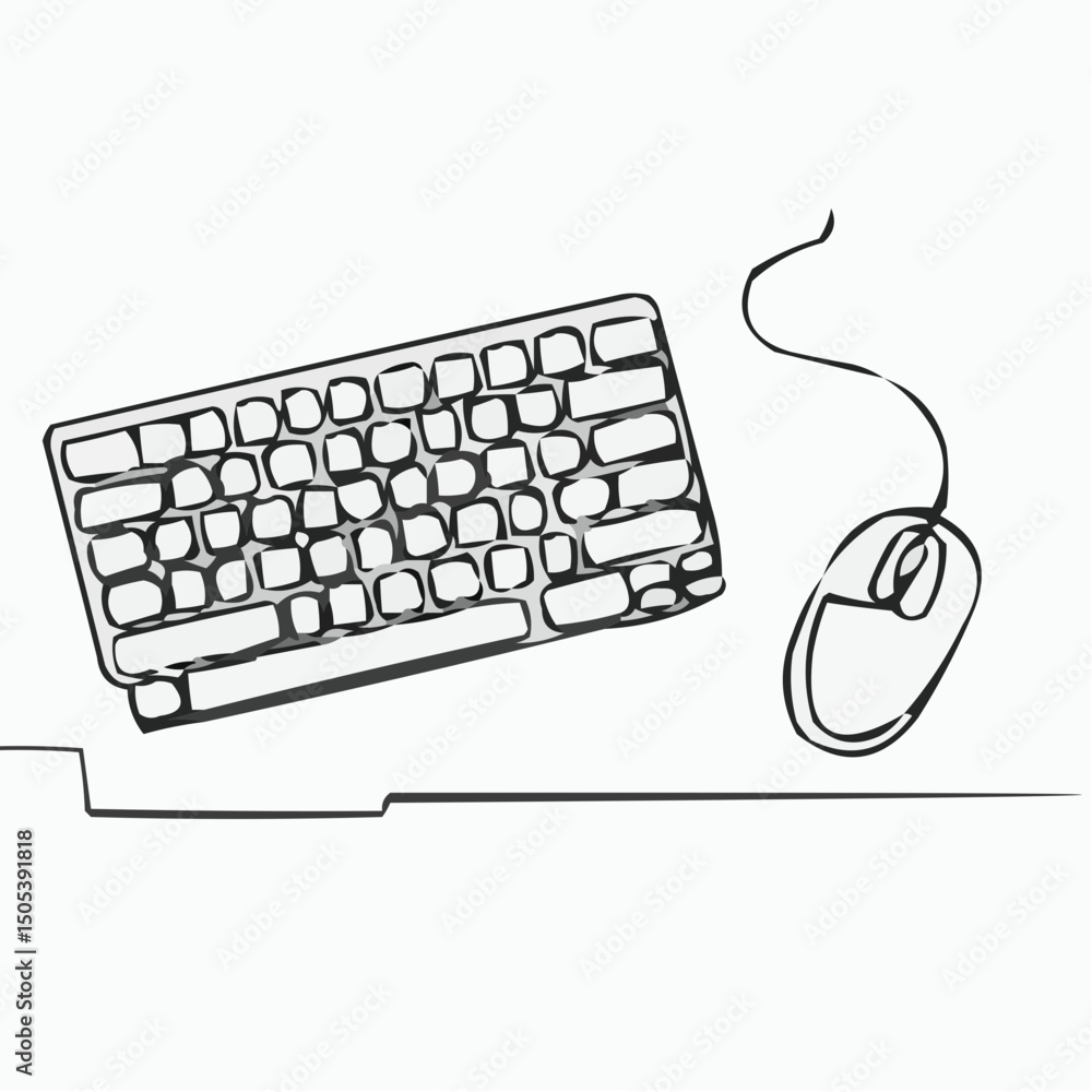 Poster computer keyboard and mouse in minimalist line art style