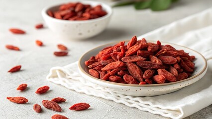 A beautifully arranged shot showcasing a bowl of dried, vibrant red goji berries.
