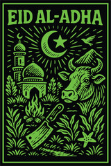 Hand-Drawn Eid al-Adha Illustration in Linocut Style