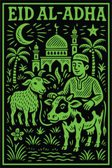 Hand-Drawn Eid al-Adha Illustration in Linocut Style