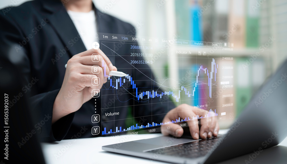 Poster financial data analytics and trading graph on screen