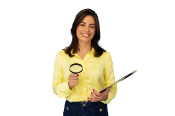 Smiling female auditor holding magnifying glass and clipboard, conducting an audit with transparent background