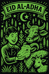 Hand-Drawn Eid al-Adha Illustration in Linocut Style