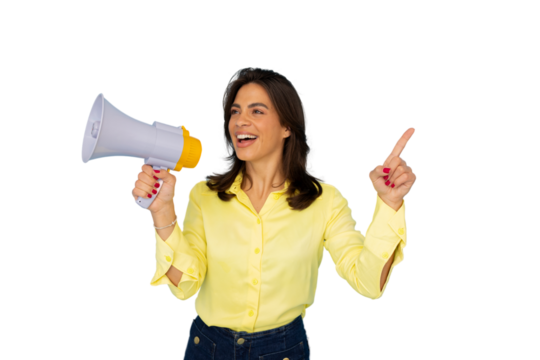 Excited businesswoman holding megaphone and pointing finger, making announcement on transparent background