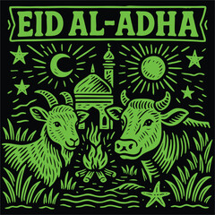 Hand-Drawn Eid al-Adha Illustration in Linocut Style