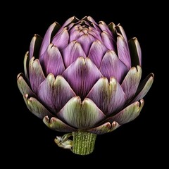 Fototapeta premium Vibrant Purple Artichoke, Green Tones, Unique Intricate Structure, Isolated on Black Background