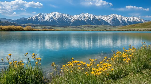 Tranquil lake reflects snow capped mountains under a bright blue sky with yellow wildflowers in foreground