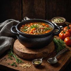 A hearty barley and vegetable soup with thick broth presented in a heavy cast iron pot placed on a raw wood board with scattered herbs and ingredients nearby, this composition is shot