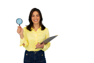 Smiling businesswoman holding magnifying glass and clipboard, analyzing data and preparing report, isolated on transparent background
