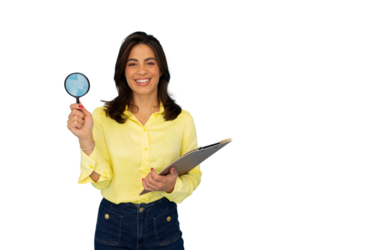 Smiling businesswoman holding magnifying glass and clipboard, analyzing data and preparing report, isolated on transparent background