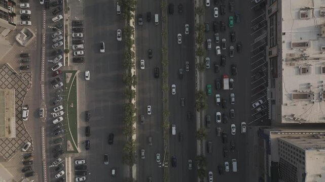 
Aerial drone footage showcasing the modern skyline of Riyadh, Saudi Arabia, featuring the King Abdullah Financial District (KAFD), high-rise towers, highways, and urban infrastructure under clear ski