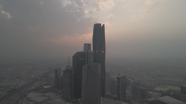
Aerial drone footage showcasing the modern skyline of Riyadh, Saudi Arabia, featuring the King Abdullah Financial District (KAFD), high-rise towers, highways, and urban infrastructure under clear ski