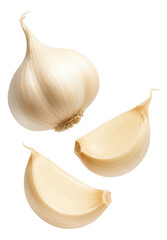 Whole garlic bulb with two separated cloves on transparent background.