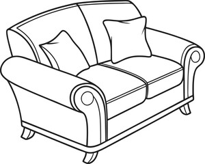 Line Drawing of a Cozy Two-Seater Sofa with Pillows