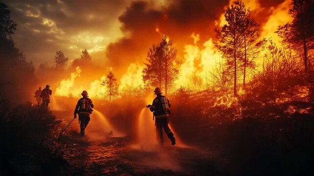 Fire in the forest, Forest fire, firefighters are extinguishing the fire, throwing water with Water pipe