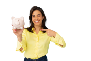 Smiling businesswoman holding and pointing at piggy bank, promoting saving money, on transparent background