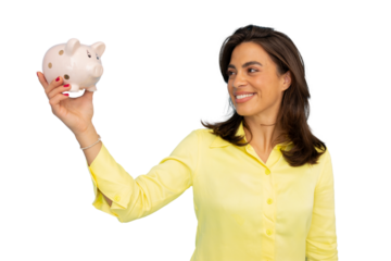 Happy businesswoman smiling while presenting a piggy bank, promoting the importance of saving money against a transparent background