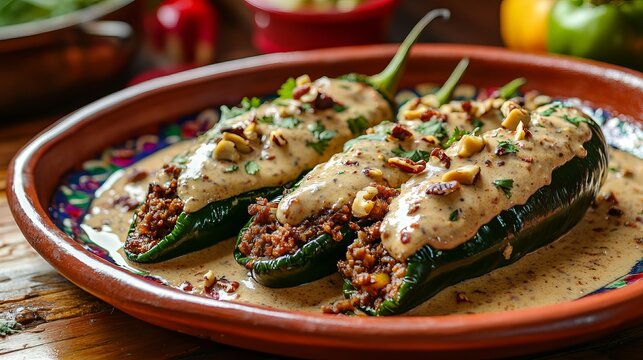 Close up of chile relleno peppers with creamy sauce and nuts on a decorative plate on a wood table